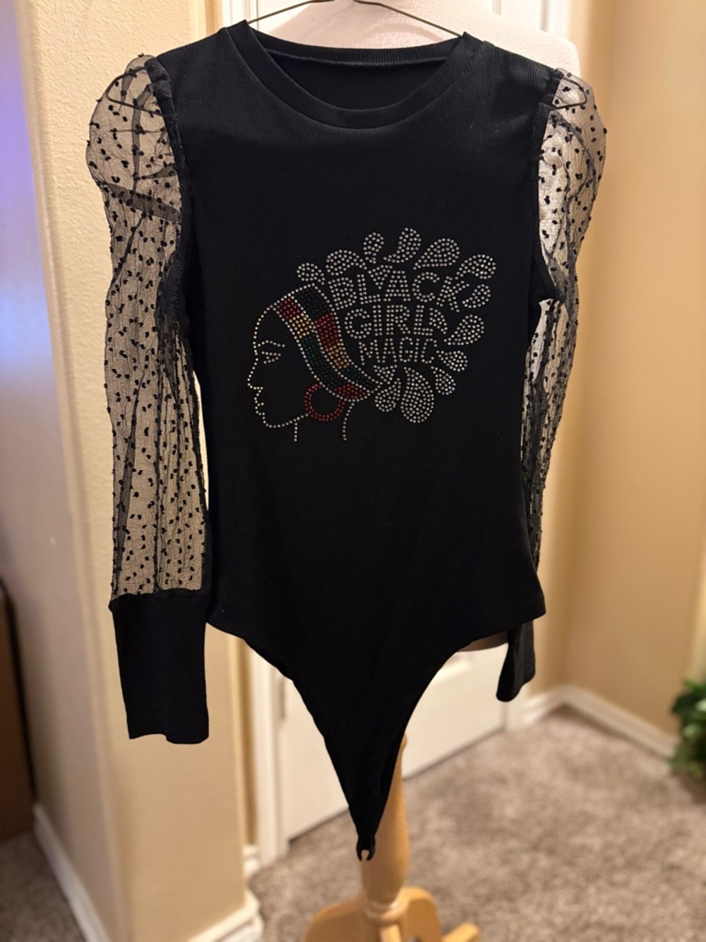 Black Sheer-Sleeve Graphic Bodysuit - Black Girls Magic